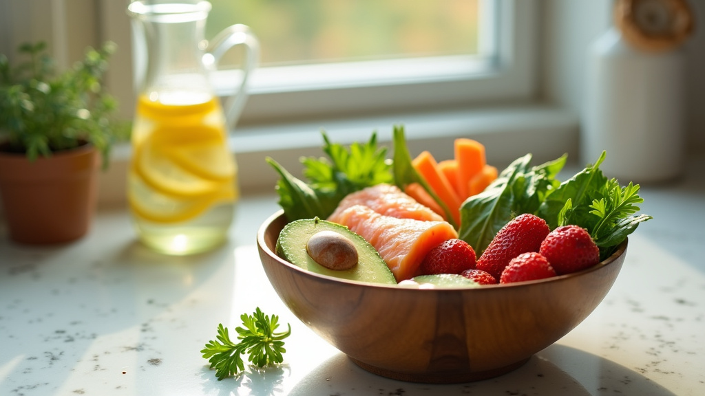 Assiette équilibrée pour femme enceinte avec légumes, protéines et féculents