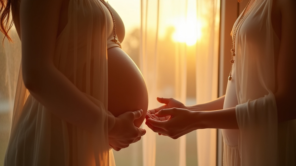 Bébé allaité avec un bola de grossesse posé à côté, créant un lien visuel entre les deux