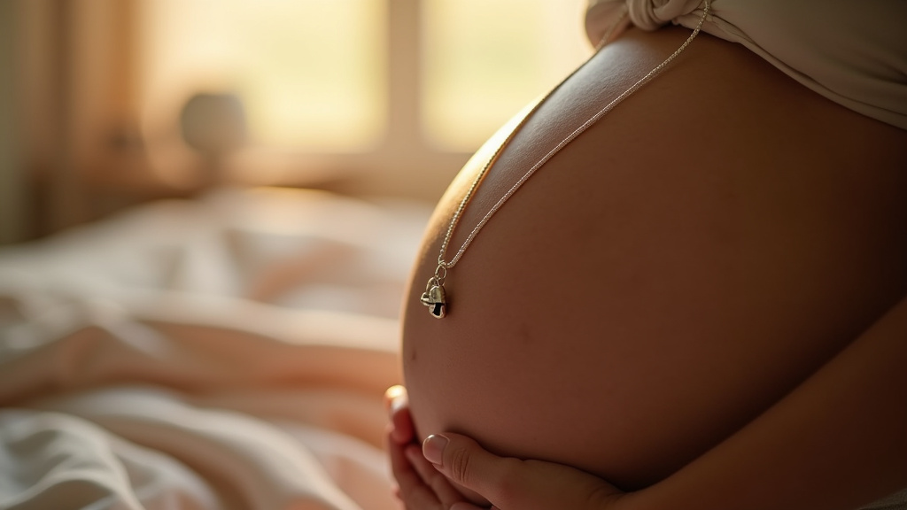 Bola de grossesse argenté avec cordon de soie bleue posé sur un ventre arrondi