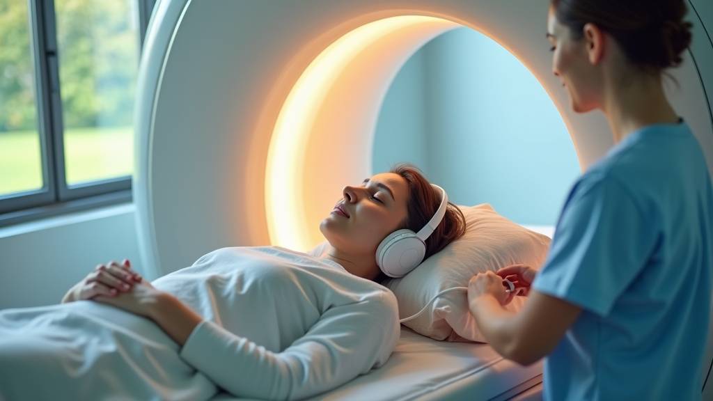 Patient installé dans machine IRM pour examen orbitaire