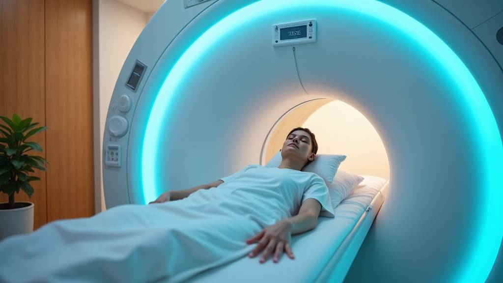 Patient sortant sereinement d'une salle d'IRM après son examen d'imagerie médicale