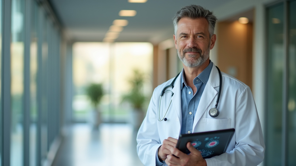 Oncologue en consultation avec un patient dans un service hospitalier de cancérologie