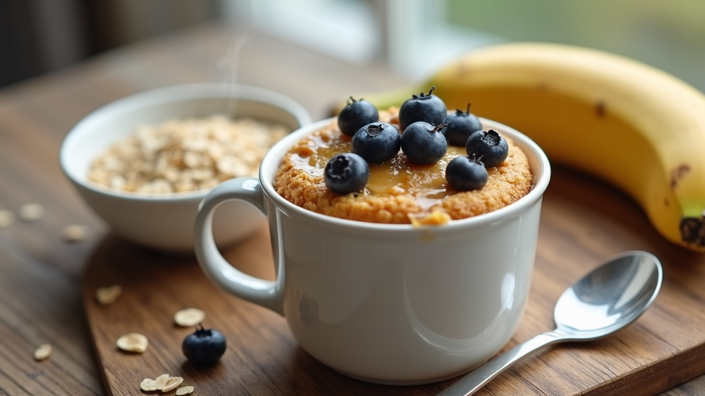 Ingrédients pour un mug cake healthy sur un plan de travail de cuisine