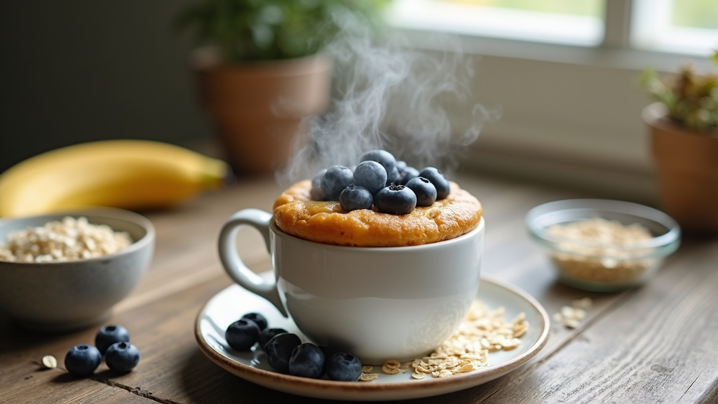Mug cake healthy sortant du micro-ondes, fumant légèrement