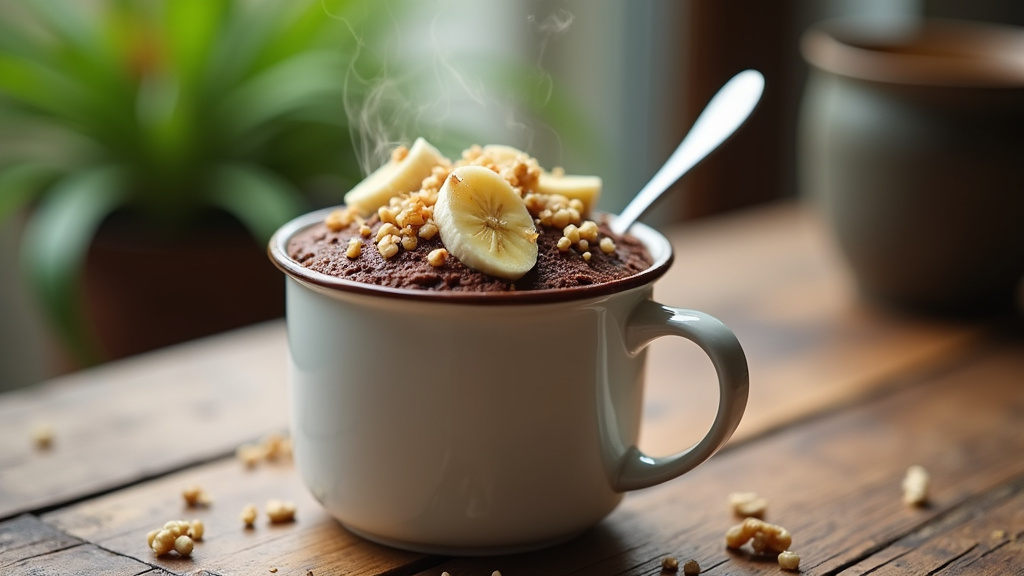 Mug cake healthy aux pépites de chocolat noir dans un mug en céramique