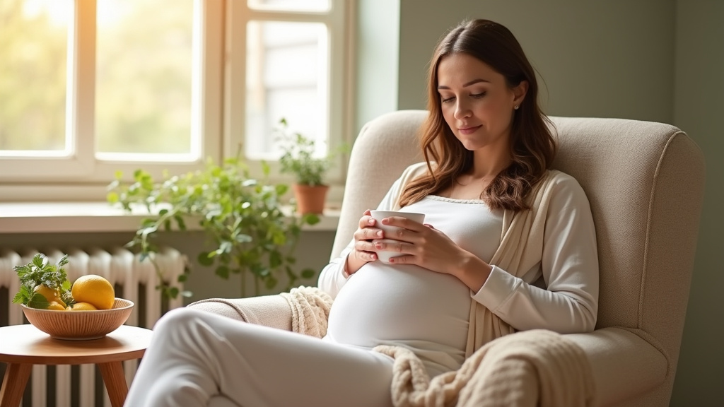 Femme enceinte tenant son ventre et ressentant des nausées matinales dans un environnement lumineux