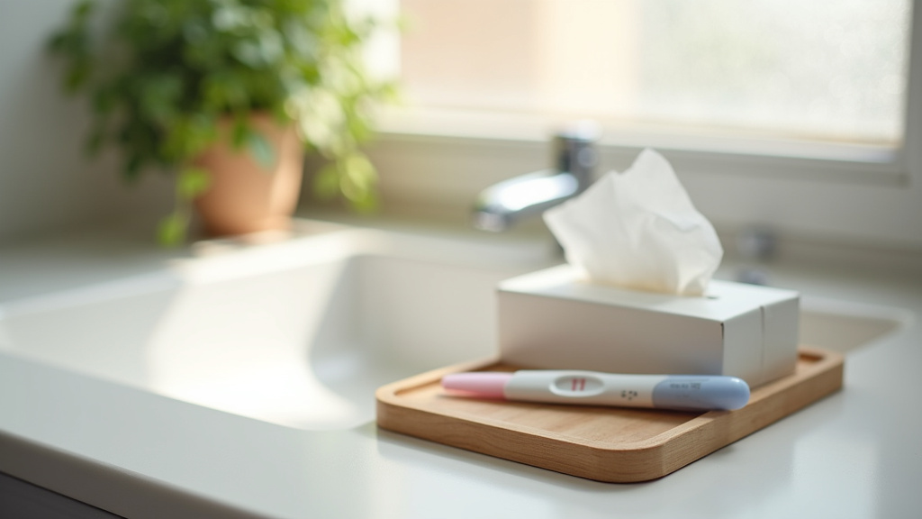 Test de grossesse à domicile sur une surface blanche avec résultats visibles