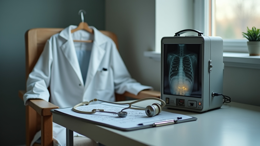 Salle d'imagerie médicale avec un manipulateur en train de réaliser un examen de radio